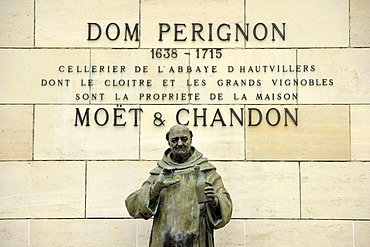 Statue of DomPerignon, Moet & Chandon winery, headquarters, luxury goods group LVMH, Louis Vuitton Moet Hennessy, epernay, Champagne, Marne, France, Europe, PublicGround