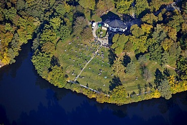 Aerial view, local recreation area, Baerenschloessle restaurant in deer park, Baerensee Lake, Stuttgart forest, Baden-Wuerttemberg, Germany, Europe