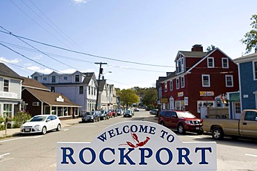 Welcome sign of the small fishing village of Rockport, Massachusetts, New England, USA