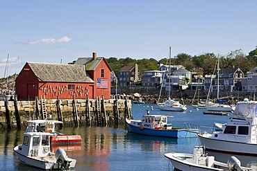 View of the famous red shed in Rockport, a small fishing village in Massachusetts, New England, USA