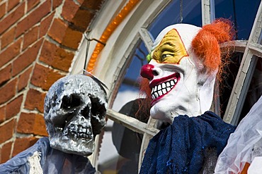 Halloween figures at the entrance of a shop in Newburyport, Massachusetts, New England, USA