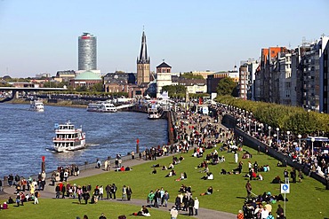 Rhine river bank, old town, Rhine ships, St. Lambertus church, Schlossturm tower, Duesseldorf, North Rhine-Westphalia, Germany, Europe