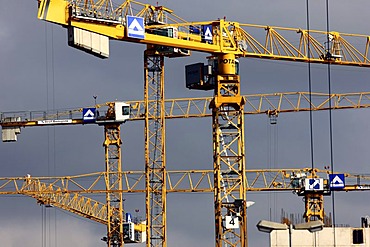 Cranes of company "Hochtief" at a large construction site, Landesarchiv NRW, North Rhine-Westphalia State Archive, Innenhafen harbour, Duisburg, North Rhine-Westphalia, Germany, Europe