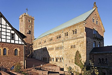 Wartburg castle near Eisenach, courtyard with great hall and keep, Thueringer Wald, Thuringia, Germany, Europe