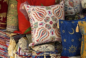 Cushion covers as souvenirs in the historic town of Bodrum, Turkish Aegean Coast, Turkey