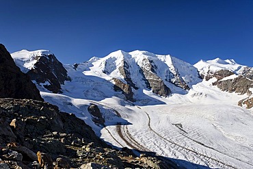 Mt Piz Palu, Vadret Pers Glacier at front, Mt Bellavista on the right, summit of Mt Piz Cambrena on the left, Grisons, Switzerland, Europe