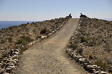 Walking trail on the Isla del Sol, Island of the Sun, in Lake Titicaca, Copacabana, Bolivia, South America