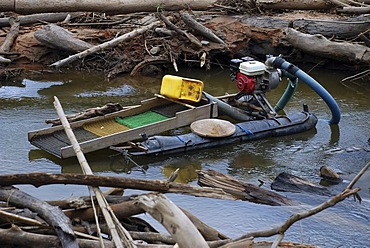 Floating work platform of a gold seeker in Amazonia, Bolivia, South America