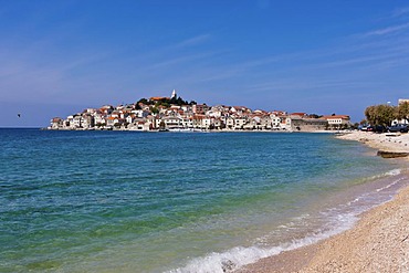 Beach with view of Primosten peninsula, central Dalmatia, Dalmatia, Adriatic coast, Croatia, Europe, PublicGround