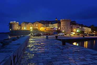 Historic centre with ramparts of Korcula at dusk, central Dalmatia, Dalmatia, Adriatic coast, Croatia, Europe, PublicGround