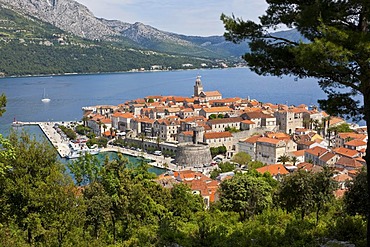 Overlooking the historic town centre of Korcula, Central Dalmatia, Dalmatia, Adriatic coast, Croatia, Europe, PublicGround