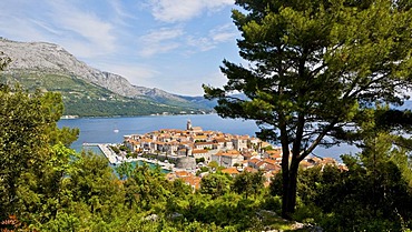 Overlooking the historic town centre of Korcula, Central Dalmatia, Dalmatia, Adriatic coast, Croatia, Europe, PublicGround
