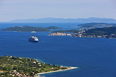 View over the Adriatic Sea towards Korcula and the Queen Victoria cruise ship, Central Dalmatia, Dalmatia, Adriatic coast, Croatia, Europe, PublicGround