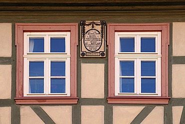 Two windows of an old half-timbered house, c 1790, with inscription of the owner, Koenigsberg, Lower Franconia, Bavaria, Germany, Europe