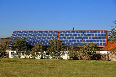 Photovoltaic system on farm buildings, Morschreuth, Upper Franconia, Bavaria, Germany, Europe