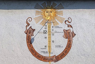 Old sundial on the church of the Evangelical Friedensgemeinde community in Kippenheim, Baden-Wuerttemberg, Germany, Europe