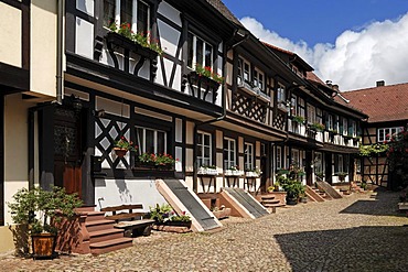 Half-timbered houses built in 1689 in an old residential street, Engelgasse street, Gengenbach, Baden-Wuerttemberg, Germany, Europe