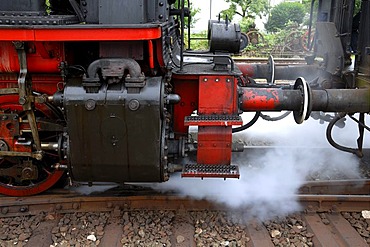 Locomotive letting off steam, detail view of four-coupler hot steam locomotive, ELNA 6 type of 1930, Ebermannstadt, Upper Franconia, Germany, Europe