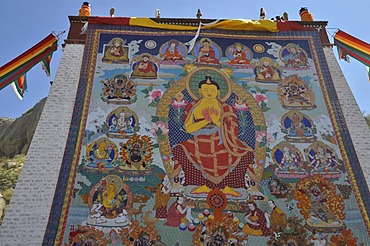 Tibetan Buddhism, religious fabric, large Thangka of Sera, a giant Buddha image is unfurled during the Shoton, Sho Dun or Yoghurt Festival, Sera Monastery, Lhasa, Tibet, China, Asia