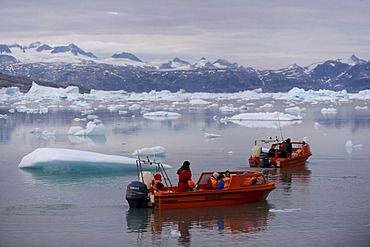 Motor boats with tourists, Johan Petersen Fjord, East Greenland, Greenland