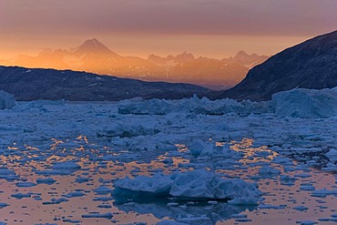 Midnight sun, ice and icebergs, Johan Petersen Fjord, East Greenland, Greenland