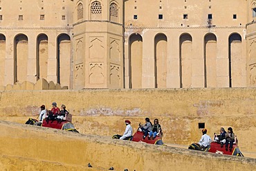 Tourists riding elephants to Amber Fort, Jaipur, Rajasthan, India, Asia