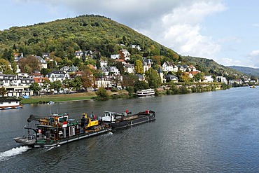 Barge passing villas on the Neckar River, Heidelberg, Baden-Wuerttemberg, Germany, Europe