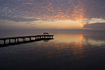 Jetty on Lake Neusiedl after sunset, steppe lake, Pannonian climate, National Park Neusiedler See, Burgenland, Austria, Europe