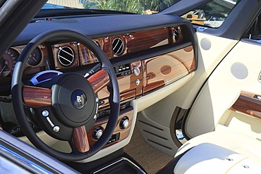 Steering wheel and dashboard of a Rolls Royce Convertible, Monaco Yacht Show, Port Hercule, Monaco, Cote d'Azur, Mediterranean Sea, Europe