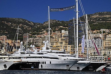 Super yachts at the Monaco Yacht Show, Port Hercule, Monaco, Cote d'Azur, Mediterranean Sea, Europe