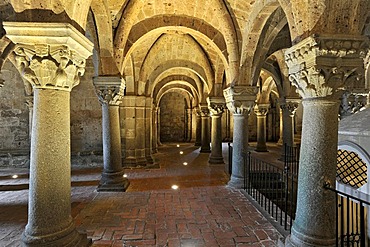 Column capitals in the underground pillared hall of the pagan crypt, 10th century, Cathedral of St. Sepulchre, Basilica Cattedrale di San Sepolcro, Aquapendente, Lazio, Italy, Europe