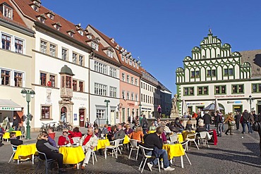 Marktplatz square with Weimar Stadthaus, right, Weimar, Thuringia, Germany, Europe, PublicGround