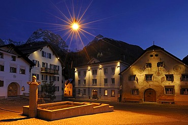 Village square of Scuol with old Engadine houses, Lower Engadin, Grisons, Switzerland, Europe