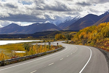 Indian Summer, autumn along Dezadeash Lake, Haines Road, towards Haines Pass, Alaska, leaves in fall colours, St. Elias Mountains, Kluane and Boundary Ranges behind, Kluane National Park and Reserve, Yukon Territory, Canada