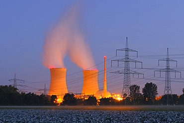 Grafenrheinfeld nuclear power plant at dusk, Lower Franconia, Bavaria, Germany, Europe, PublicGround