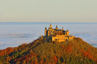 Burg Hohenzollern castle at sunrise, Swabian Alb, Baden-Wuerttemberg, Germany, Europe