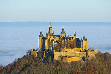 Burg Hohenzollern castle at sunrise, Swabian Alb, Baden-Wuerttemberg, Germany, Europe