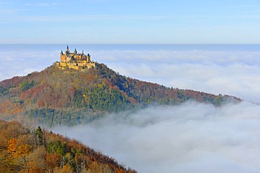 Burg Hohenzollern castle with fog, Swabian Alp, Baden-Wuerttemberg, Germany, Europe