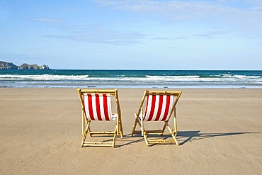 Two empty deck chairs on the beach, Camaret-sur-Mer, Finistere, Brittany, France, Europe