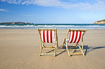 Two empty deck chairs on the beach, Camaret-sur-Mer, Finistere, Brittany, France, Europe