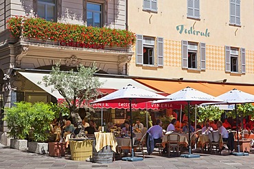 Restaurant and cafe on the Piazza della Riforma in Lugano, Lake Lugano, Lago di Lugano, Ticino, Switzerland, Europe