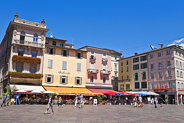 Restaurants and cafes on the Piazza della Riforma in Lugano, Lake Lugano, Lago di Lugano, Ticino, Switzerland, Europe