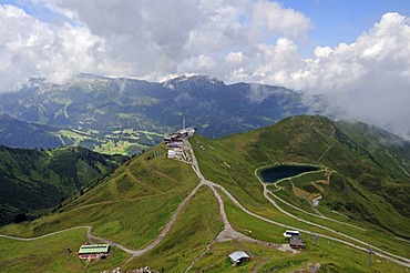 Kanzelwandbahn summit station, lake Schneeteich, an artificial lake, Kleinwalsertal valley, Allgaeu, Vorarlberg, Austria, Europe, PublicGround