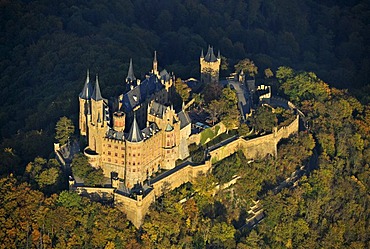 Aerial view, Burg Hohenzollern Castle, Hechingen, Swabian Alp, Baden-Wuerttemberg, Germany, Europe