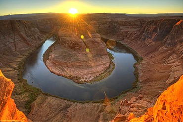 Horseshoe Bend or King Bend, a meandering bend of the Colorado River, at sunset, Page, Glen Canyon National Recreation Area, Arizona, United States of America, USA