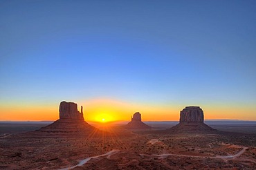 Sunrise with mesas, West Mitten Butte, East Mitten Butte, Merrick Butte, Scenic Drive, Monument Valley, Navajo Tribal Park, Navajo Nation Reservation, Arizona, Utah, United States of America, USA