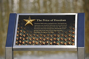 Panel in front of the Memorial Wall "The Price of Freedom" with 4048 stars in honour of U.S. soldiers, National World War II Memorial, WWII Memorial or Second World War Memorial, Washington DC, District of Columbia, United States of America, PublicGround