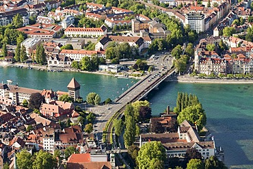 Aerial view, historic town centre of Constance with the Rheintorturm gate tower, a former Dominican Monastery and the Archaeological Museum, Lake Constance, Konstanz district, Baden-Wuerttemberg, Germany, Europe