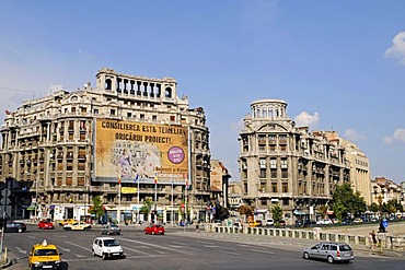 Multistorey buildings, billboard, street scene, Piata Natiunile Unite square, Bucharest, Romania, Eastern Europe, Europe, PublicGround