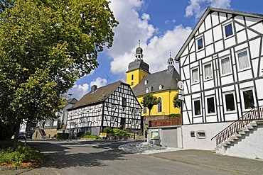 St Sebastian parish church, half-timbered houses, Friesenhagen, Wildenburger Land, Westerwald region, Rhineland-Palatinate, Germany, Europe, PublicGround